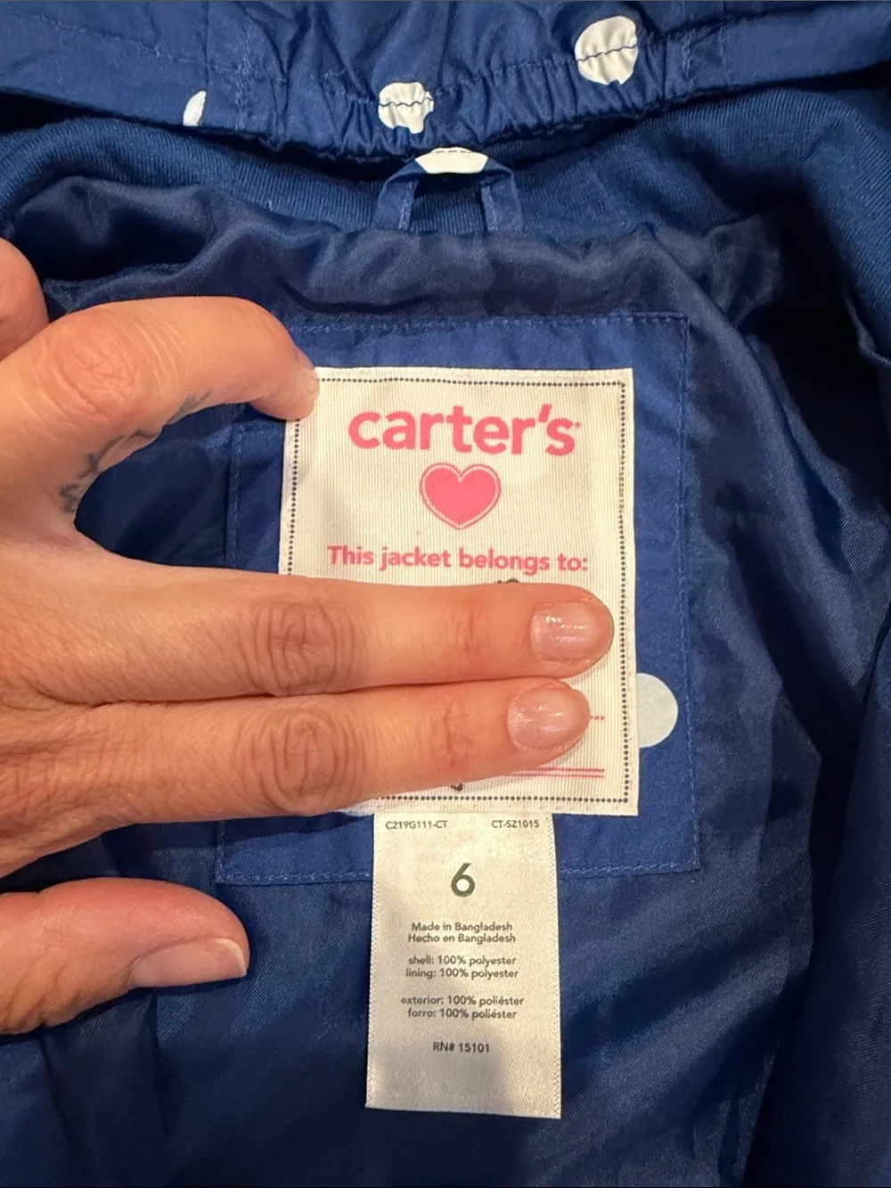 LIKE NEW Carter’s Blue White Polka Dot Rain Jacket / Coat Size 6 Girls